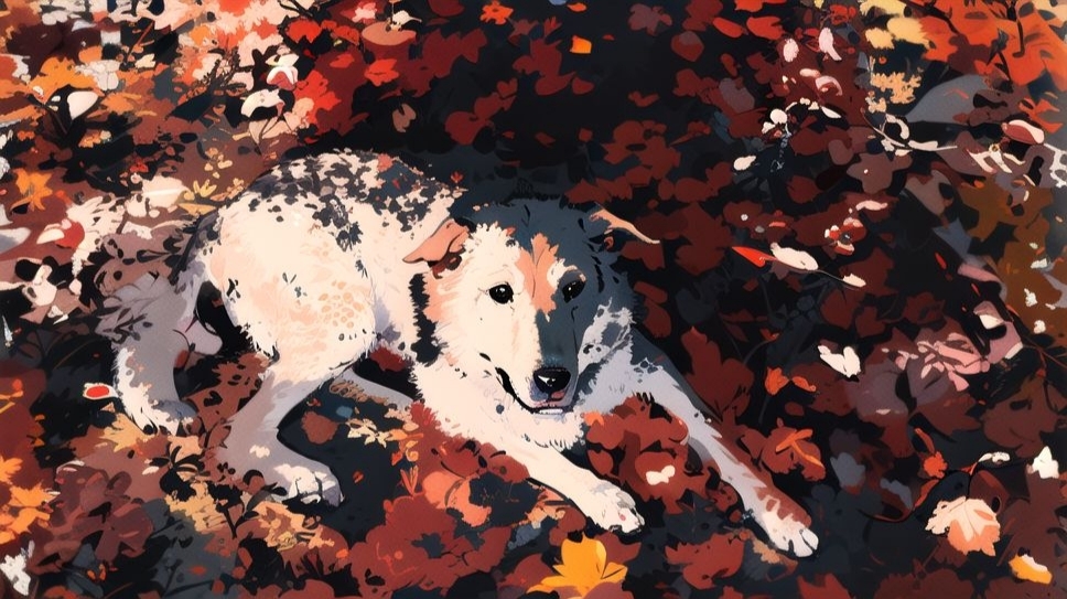 Anime dog in leaves
